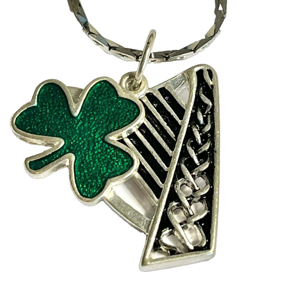 Irish Harp Lyre Shamrock Necklace Celtic Silver Plated 19" Green St Patricks Day